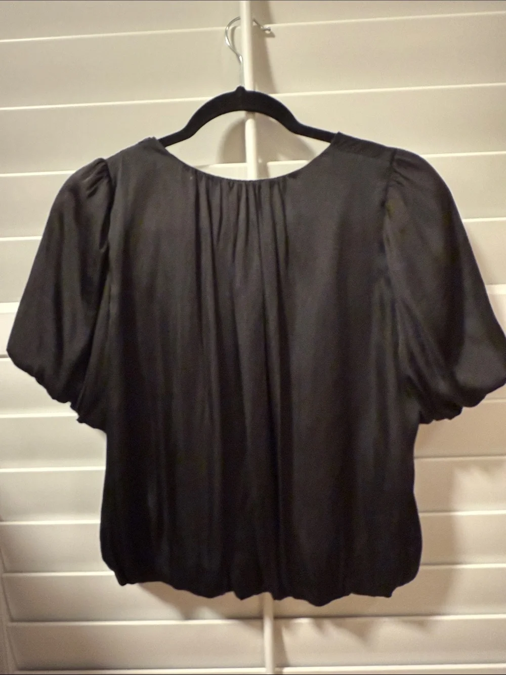 ASTR  The Label Black Satin V-Neck Puff Sleeve Top